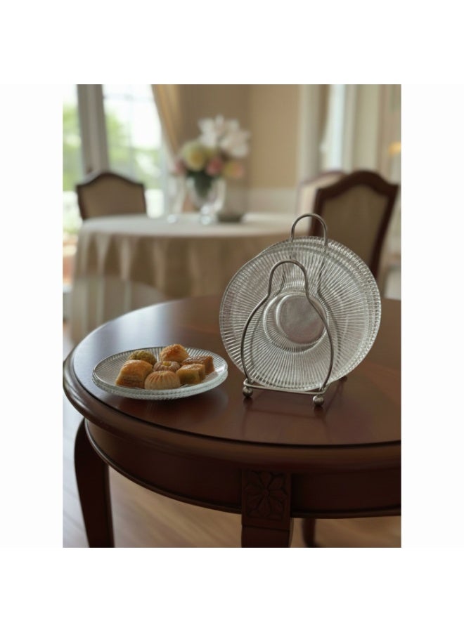 طقم صحون تقديم حلى زجاجي شفاف منقوش 6 قطع بستاند أنيق للضيافة 15سم مع حامل معدني - Image 2